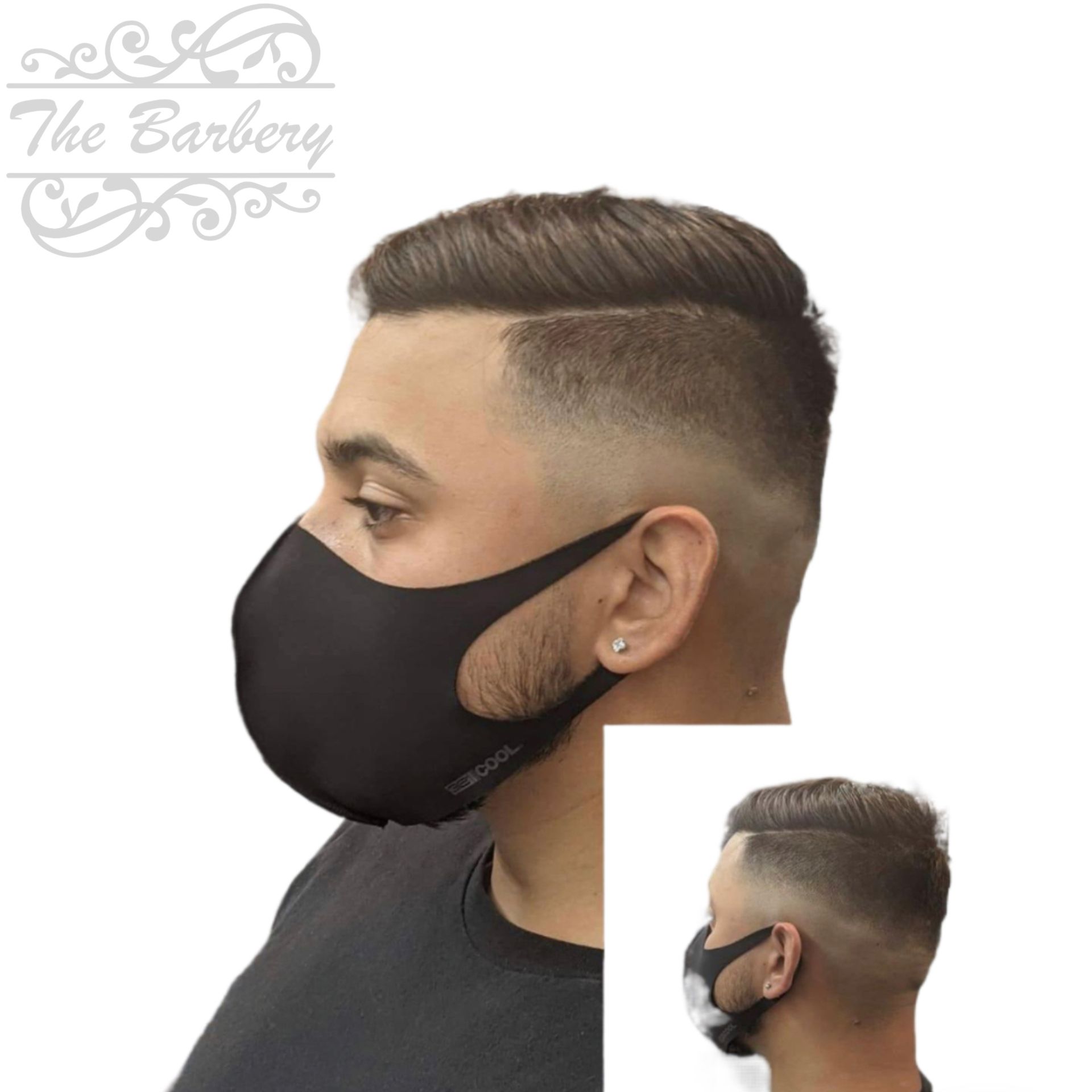 Man with a fade haircut and black face mask, inset image of the haircut, The Barbery logo in the corner.