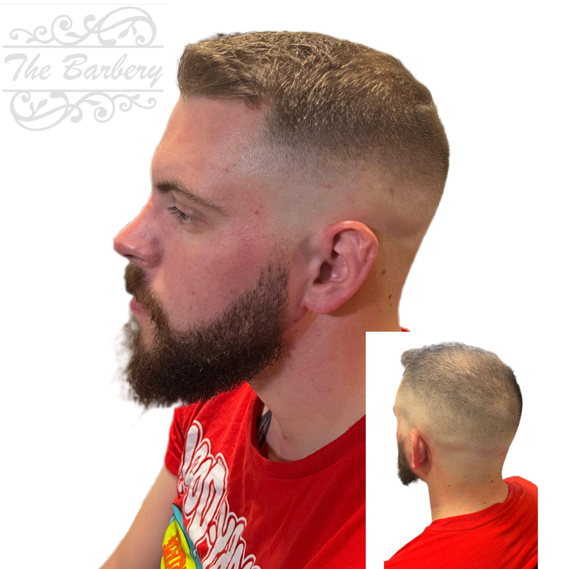 Man with a faded haircut, beard, and red shirt, shown in profile. Back view inset.