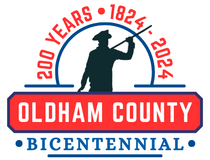 The oldham county bicentennial logo has a silhouette of a man holding a flag.