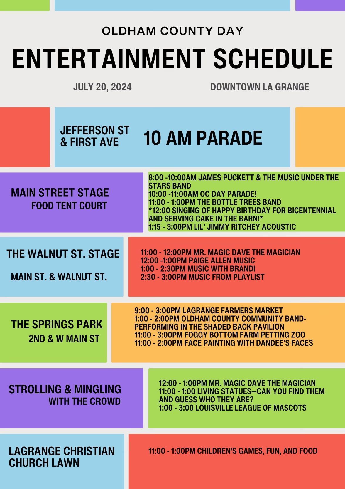 An oldham county day entertainment schedule for 10 am parade