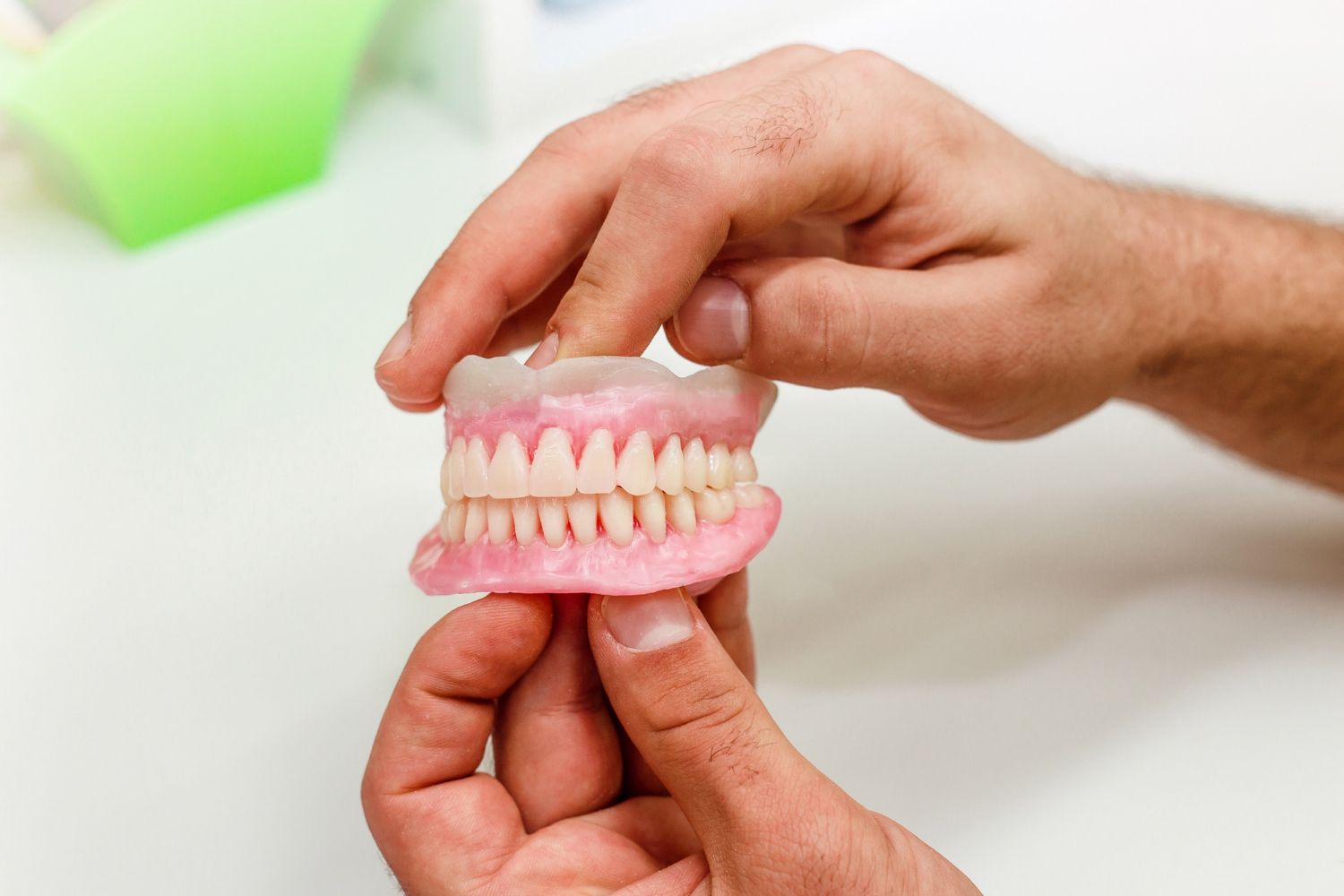 A person is holding a model of dentures in their hands.