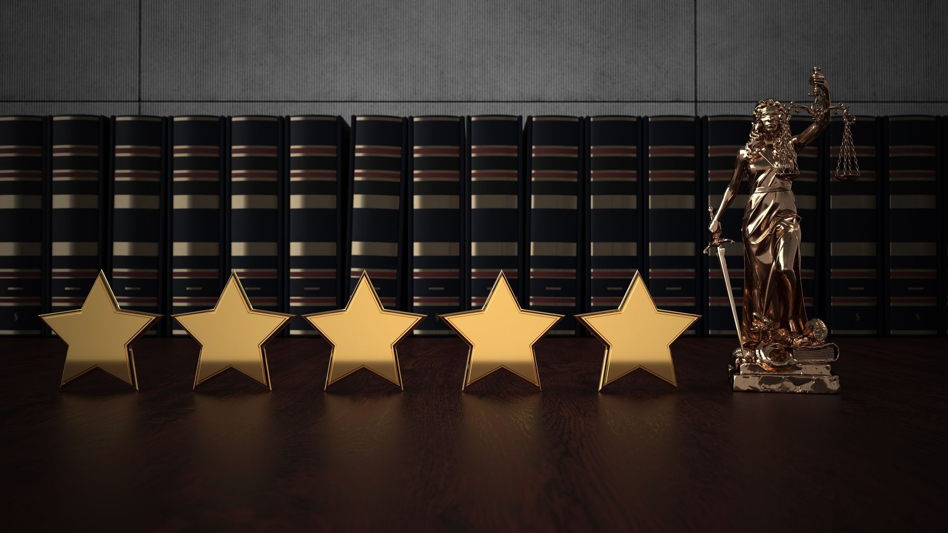 Five gold stars and Lady Justice statue in front of law books, dark setting.