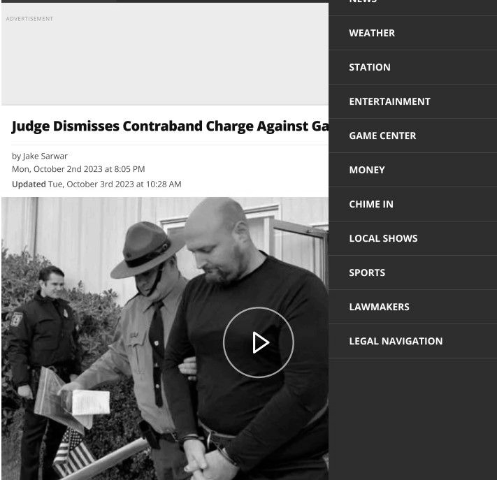 Man in handcuffs escorted by officer; news article about a judge dismissing a contraband charge.