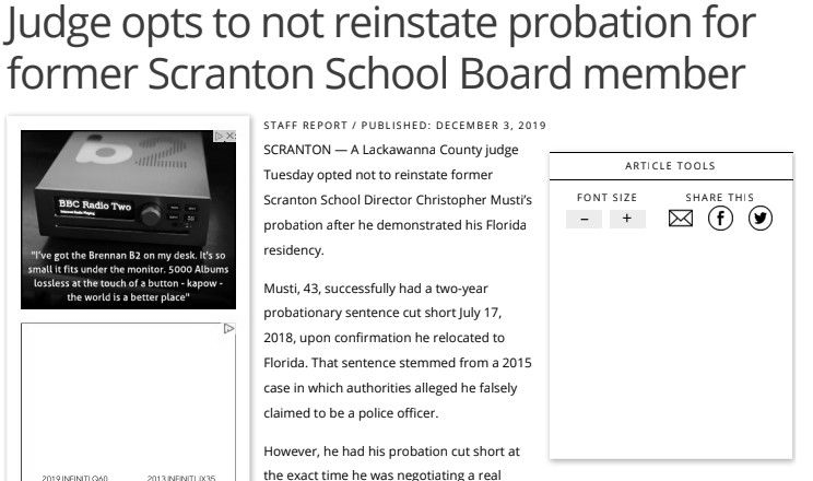 News article: Judge declines to reinstate probation for former Scranton School Board member.