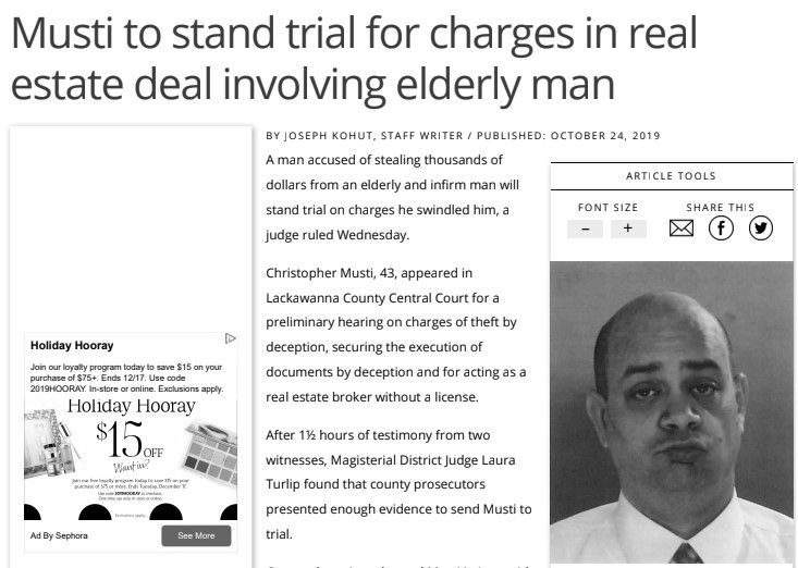 News article about Christopher Musti, who will stand trial for real estate charges. Photo of a man.