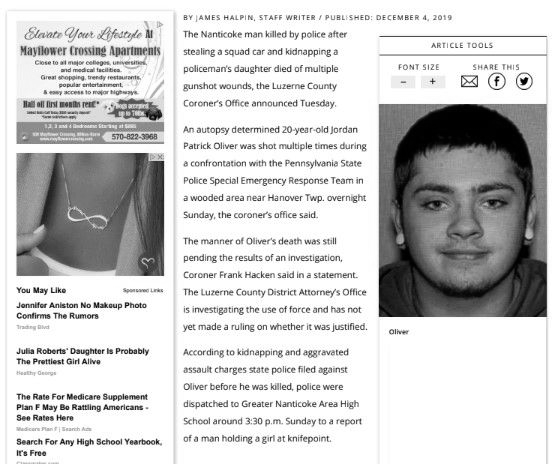 Article about Jordan Oliver, who was shot by police; photo of Oliver.