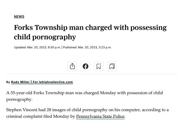 News article: Forks Township man charged with possessing child pornography. A 55-year-old man had 28 images on his computer.