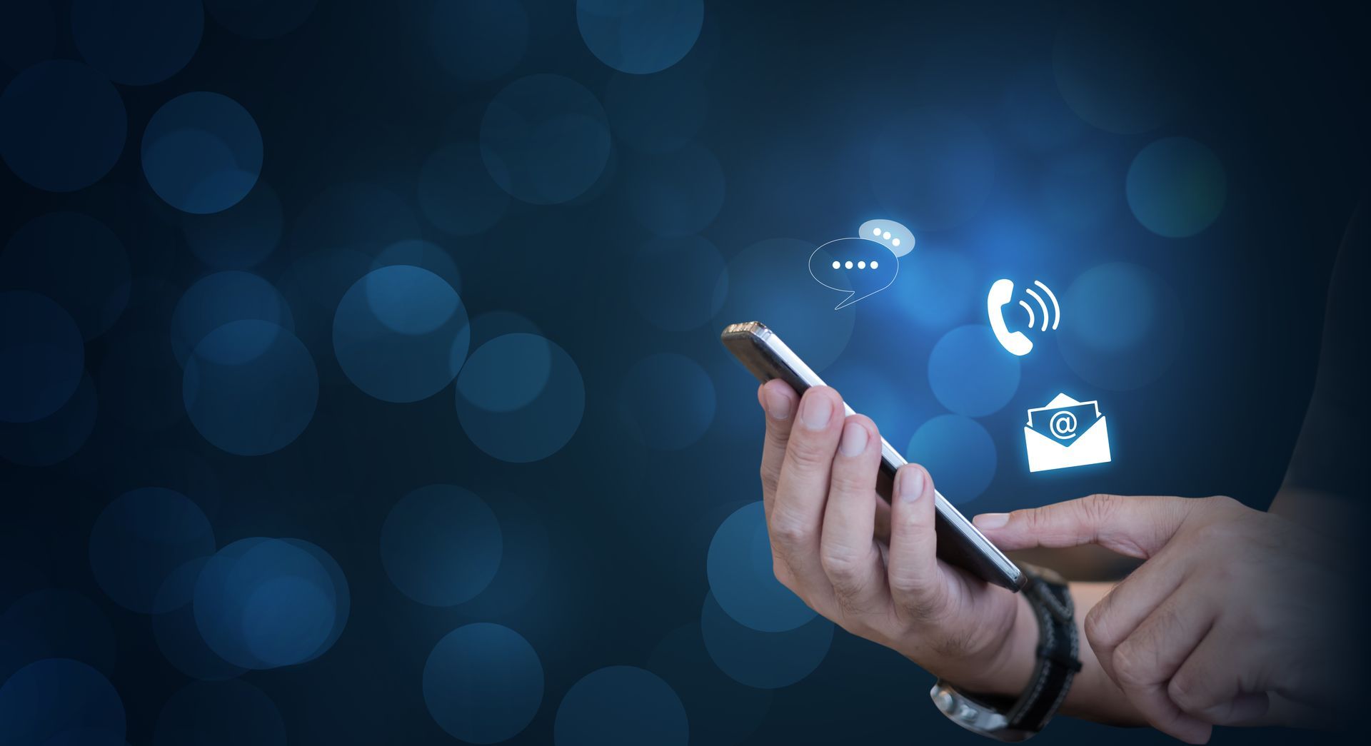 Person holding smartphone, messaging, calling, and email icons floating above.