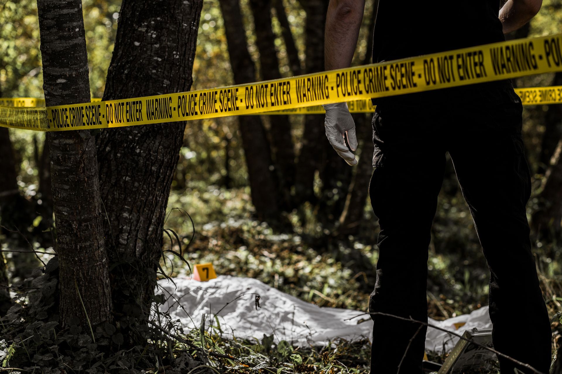 Police crime scene with yellow tape, a gloved hand, and evidence markers in a wooded area.