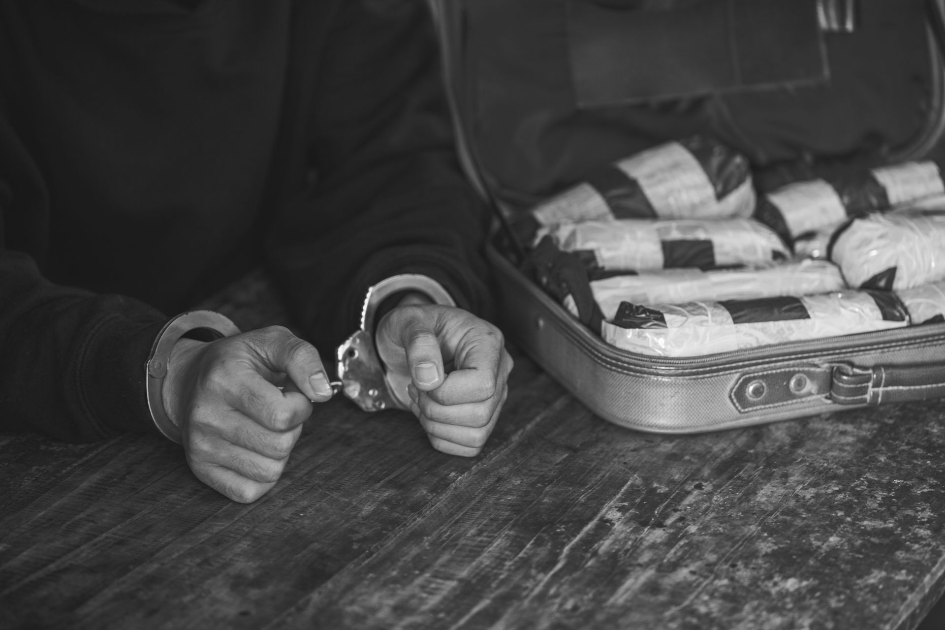Person in handcuffs with a suitcase full of packaged items, likely drugs, on a table.