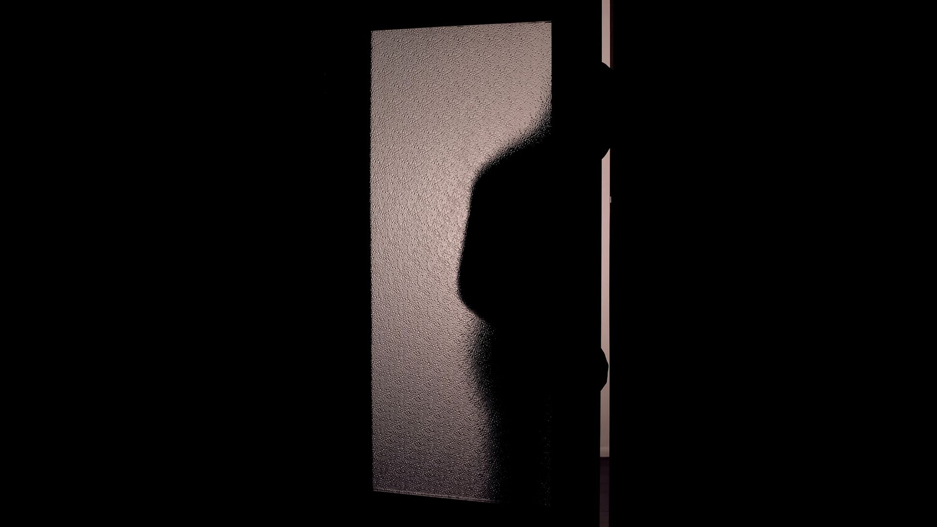 Silhouette of a person in a doorway. Light shines through the frosted glass, casting the shadow.