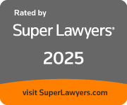 Super Lawyers 2025 badge: gray square, white text, orange curved bar at bottom.