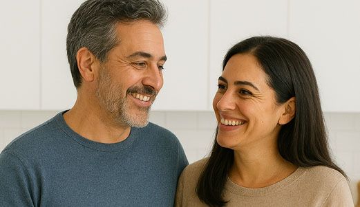 זוג מחייך מביט זה בזה, מול רקע לבן.