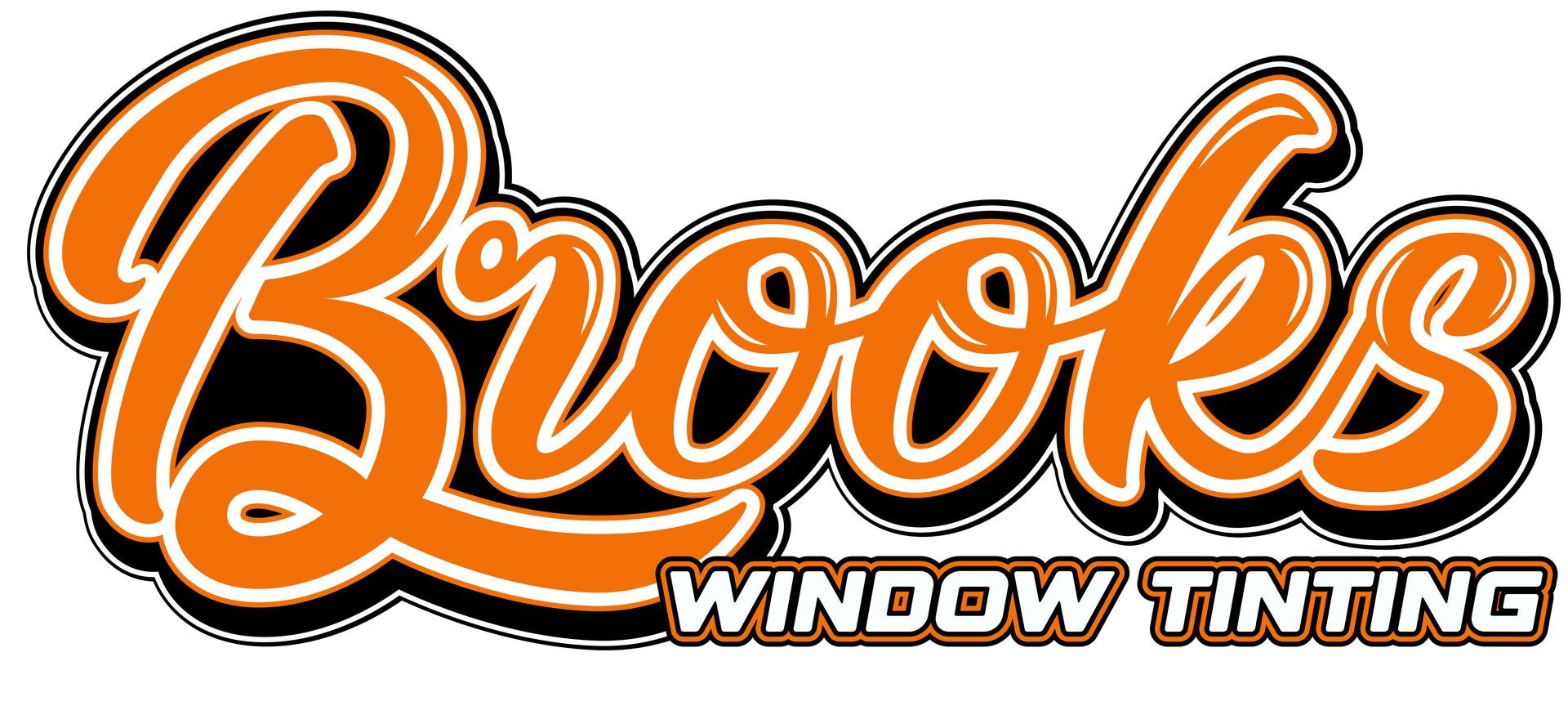 Logo for Brooks Window Tinting. Orange script text with white outline and black shadow.