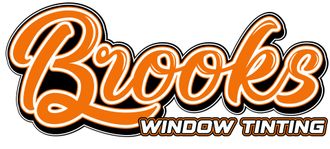 Logo for Brooks Window Tinting. Orange script text with white outline and black shadow.