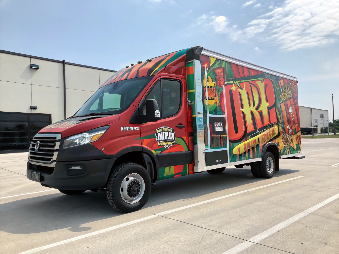 Red food truck with colorful graffiti art parked on asphalt.