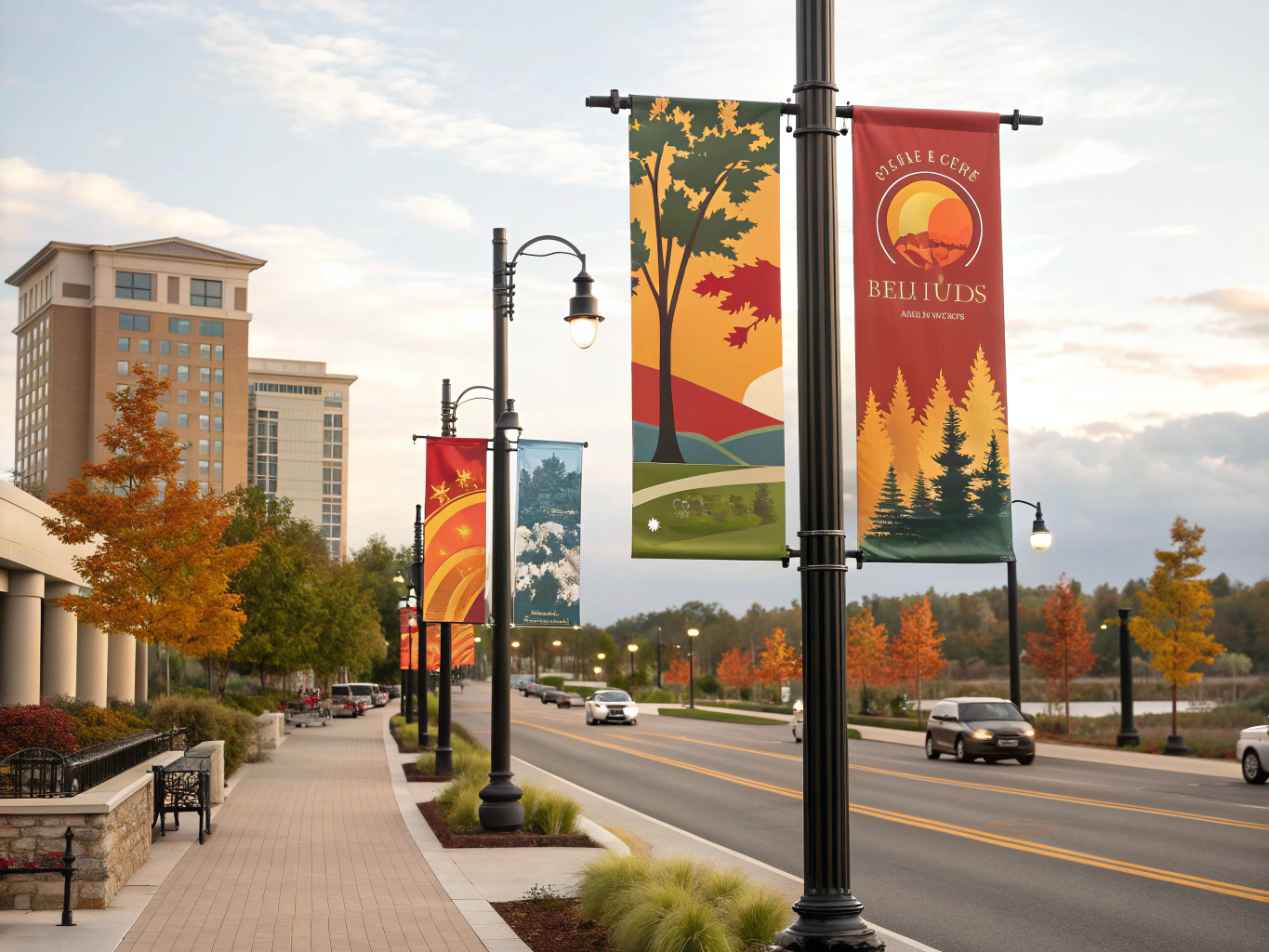 Street lined with banners, a tall building, and trees with autumn foliage.