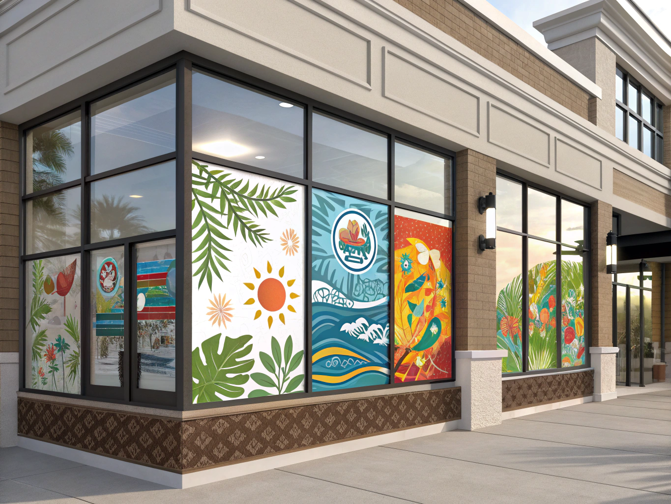 Storefront with large windows displaying colorful floral and nature-themed graphics, on a sunny day.