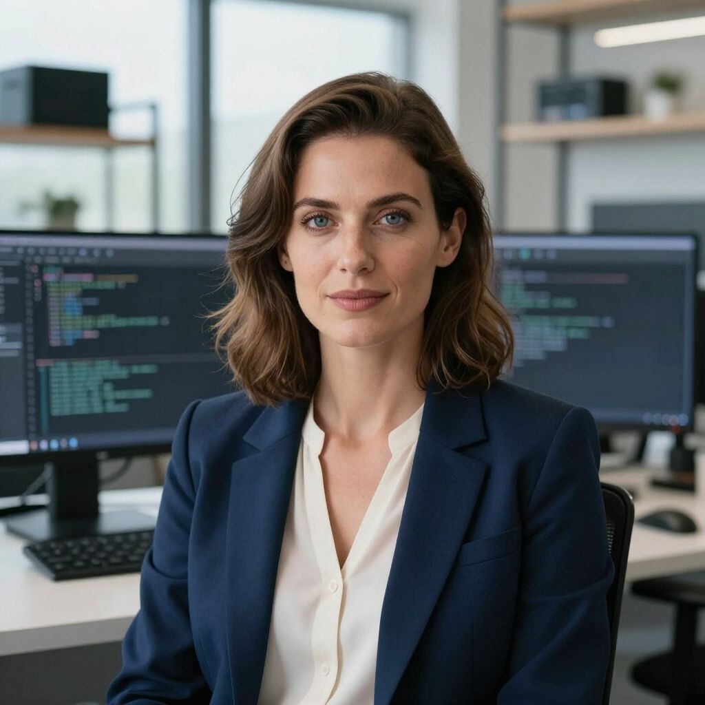 A person in a blue blazer sits at a desk with computer monitors displaying code in a professional office setting.