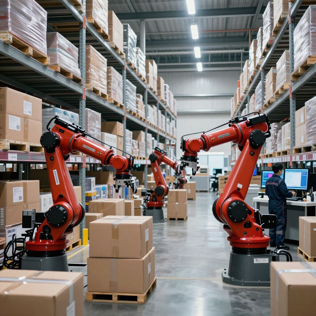 Three red robotic arms work in a warehouse aisle stocked with boxes, while a person works at a computer in the background.