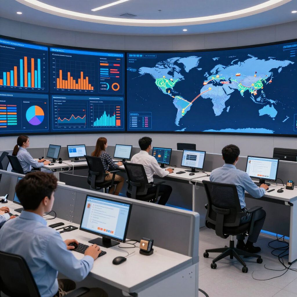 A team of analysts works at computer stations in a high-tech control room facing a large wall of data charts and maps.