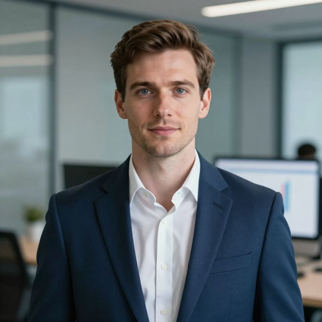 A professional person in a navy blue suit and white shirt, looking at the camera in a modern, blurred office setting.