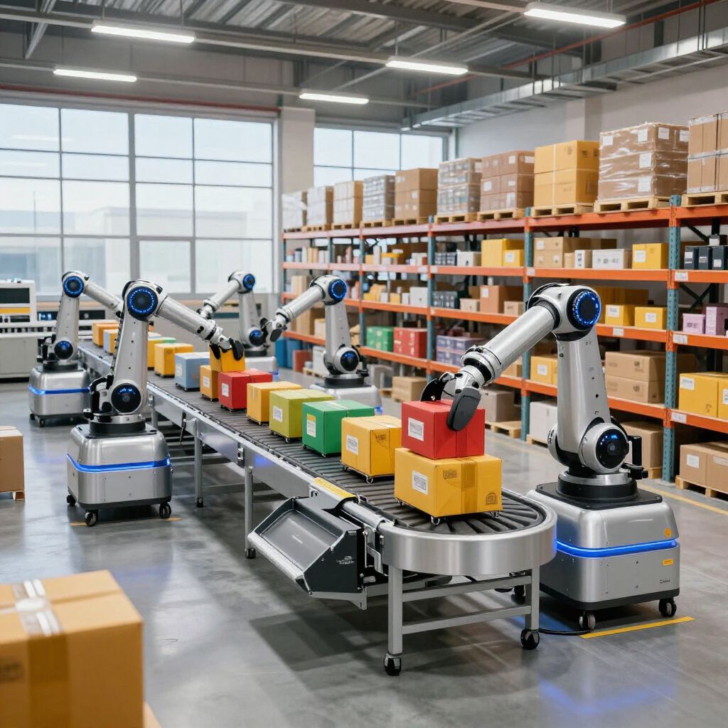 Robotic arms on mobile bases sort colorful boxes on a conveyor belt in a large, modern warehouse.
