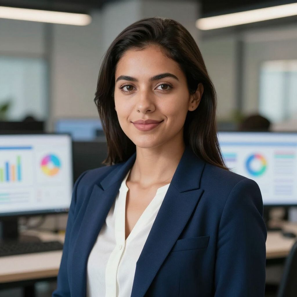 A professional in a navy blazer standing in an office with computer screens displaying data charts in the background.