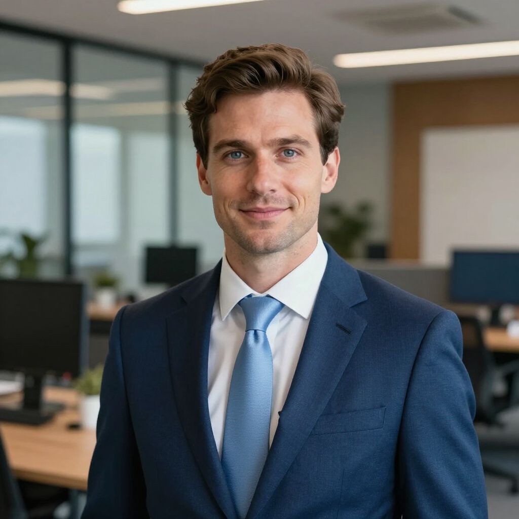 A professional with light brown hair in a navy suit and light blue tie, smiling in an office setting.