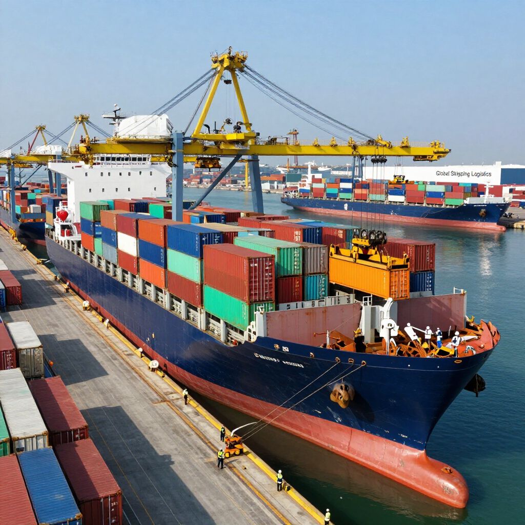 A cargo ship docked at a port, being loaded with colorful containers by large yellow gantry cranes.