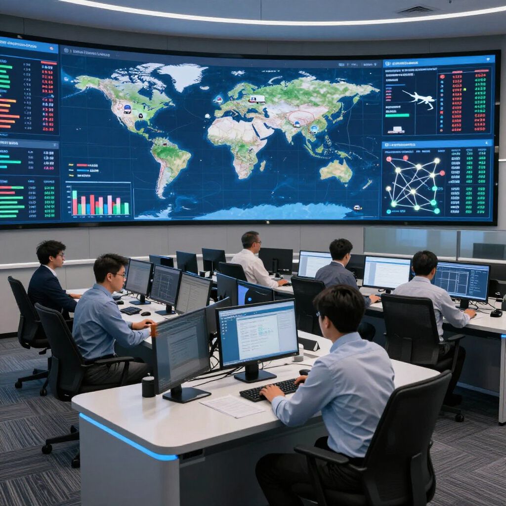 A modern operations center with multiple professionals working at desks facing a large wall display showing world data.