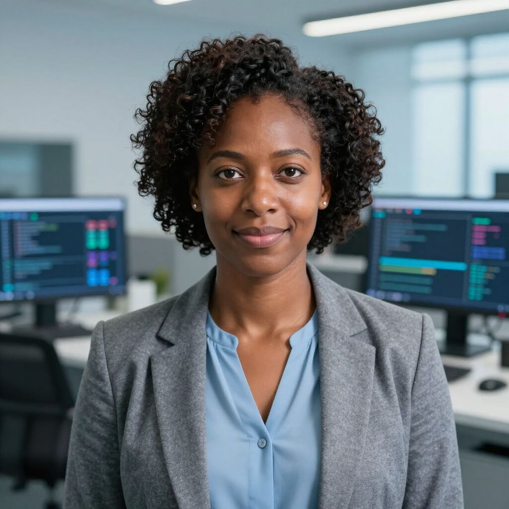 A professional person in a grey blazer and blue shirt stands in an office with computer monitors in the background.