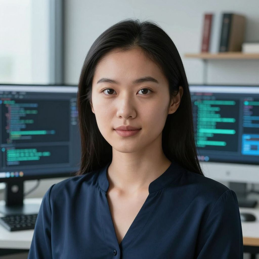 A person looking forward in an office setting with computer screens displaying code in the background.