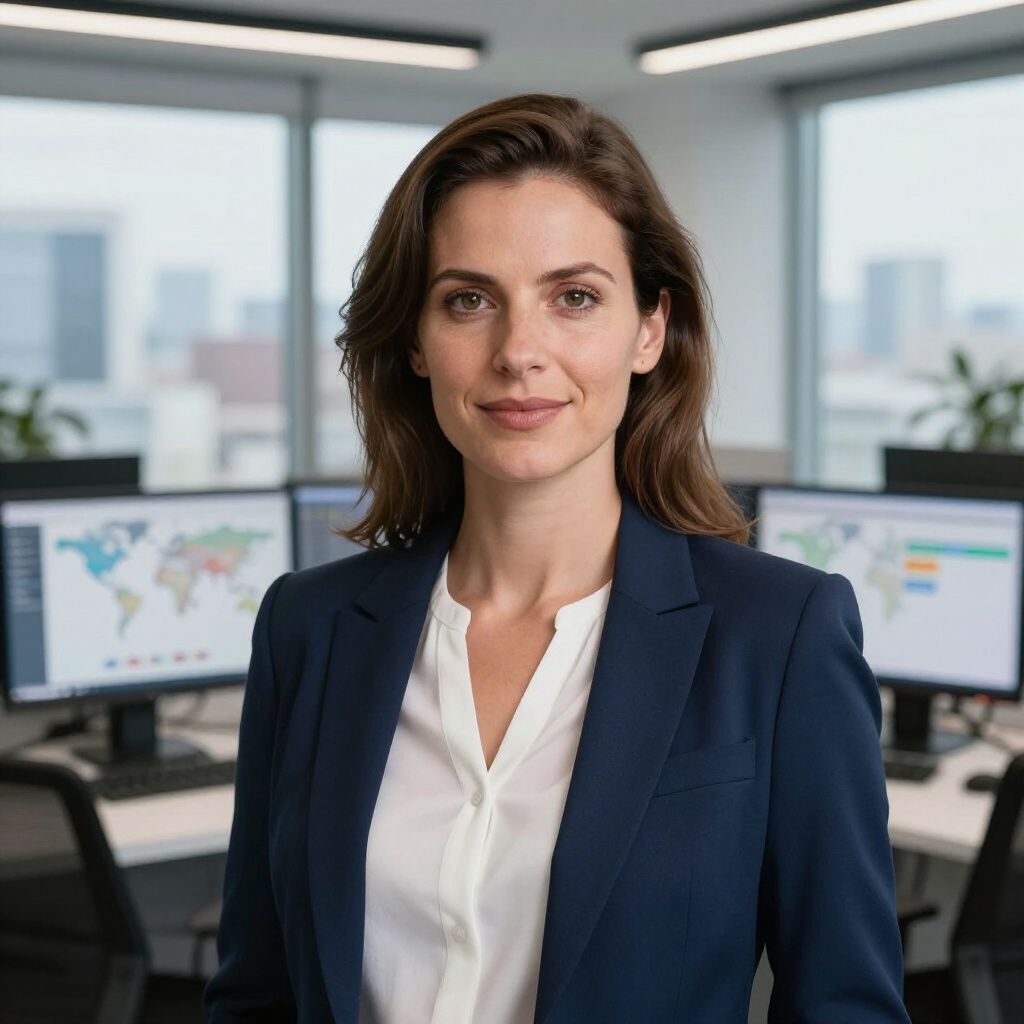 A person in a blue blazer stands in an office with computer monitors and a city skyline visible in the background.