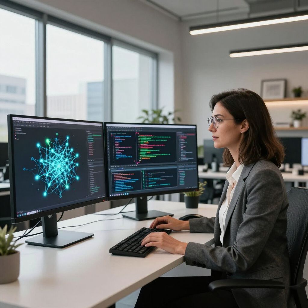 A professional working at a desk with dual monitors displaying data visualizations and code in a modern office.