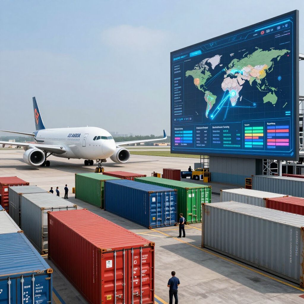 An airport tarmac featuring a cargo plane, shipping containers, and a large digital screen displaying a global map.