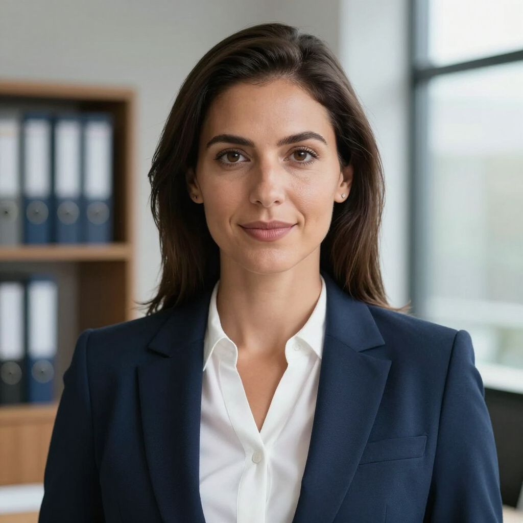 A professional in a navy blazer and white shirt poses in an office with blurred binders on a shelf in the background.