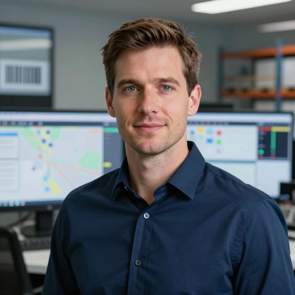 A person in a dark blue button-down shirt stands in an office in front of computer monitors showing data charts.