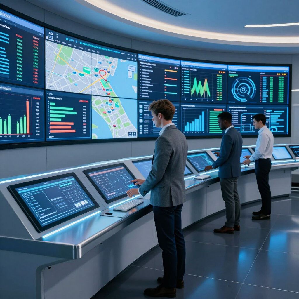 Three people work at consoles in a high-tech control room with large screens displaying data visualizations and maps.