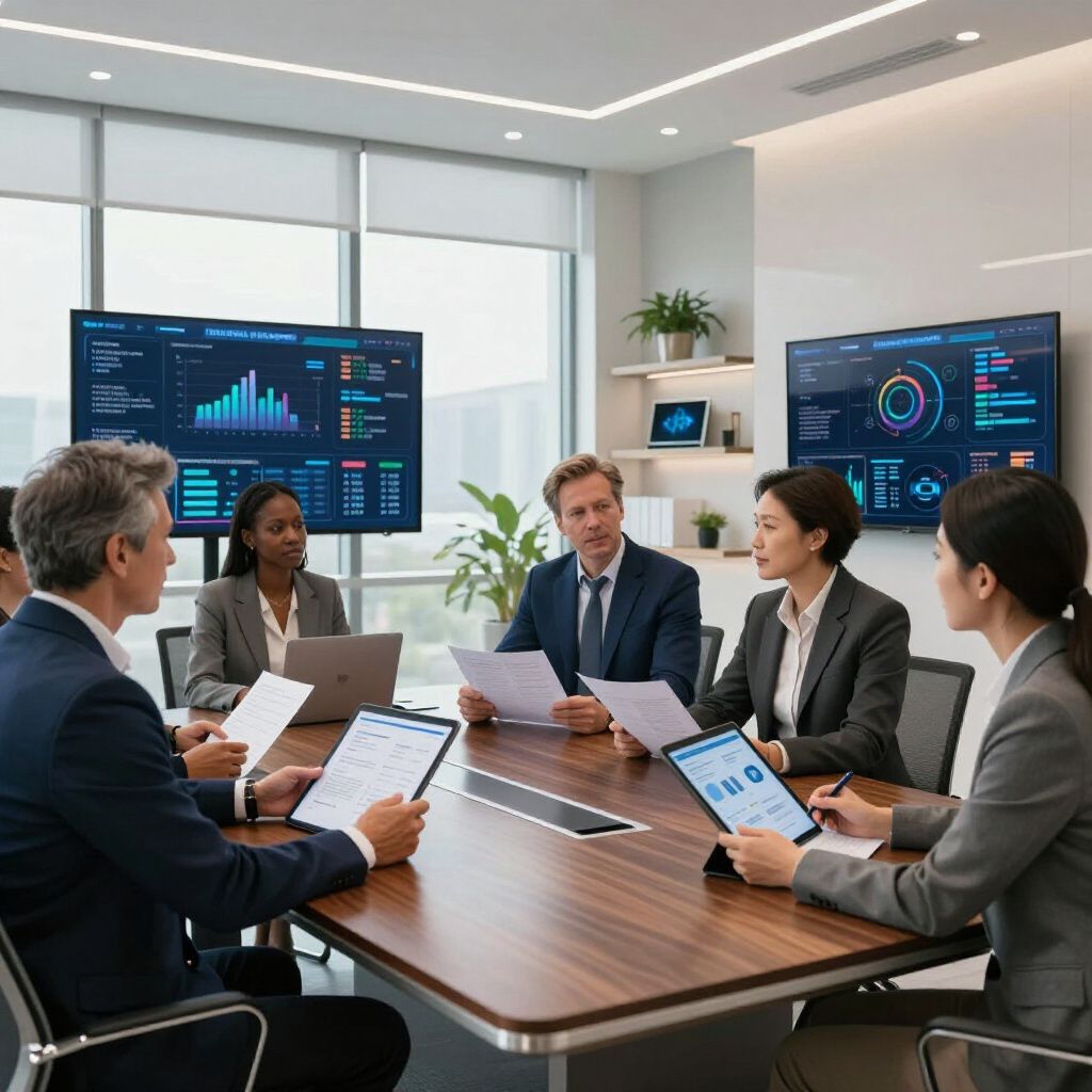 Five professionals in business attire hold a meeting in a modern office, discussing data displayed on wall monitors.