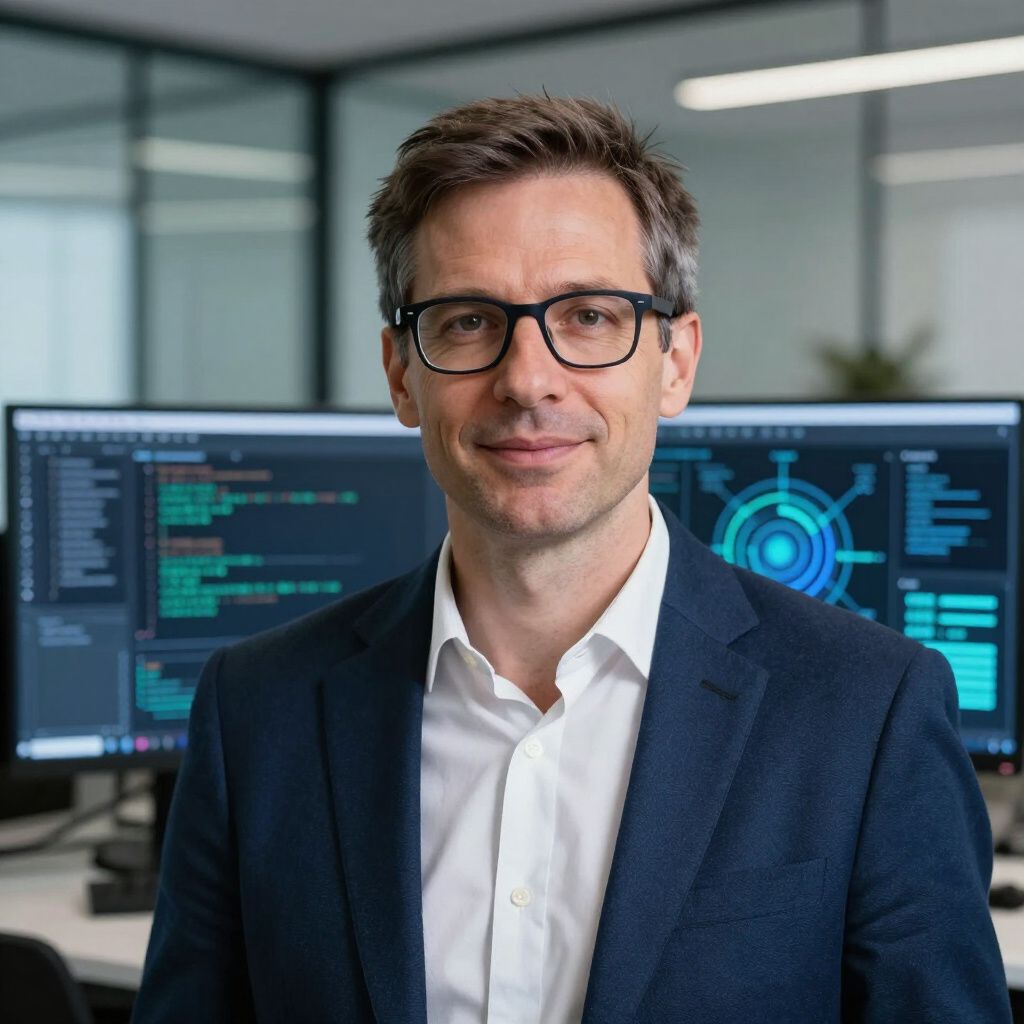 A person wearing glasses and a blazer stands in front of computer monitors displaying code and data visualizations.