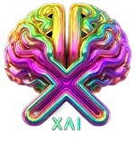 A colorful, iridescent 3D brain graphic shaped like an X, with the text "XAI" below it.
