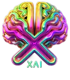 A colorful, iridescent 3D brain graphic shaped like an X, with the text "XAI" below it.