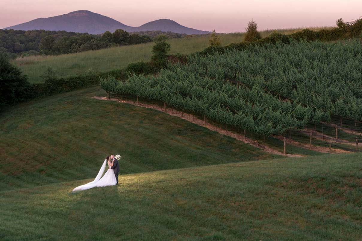 A bride and groom are standing in a field with mountains in the background.