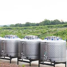 A row of stainless steel tanks sitting next to each other in front of a vineyard.