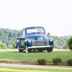 An old blue truck is parked on a lush green field.