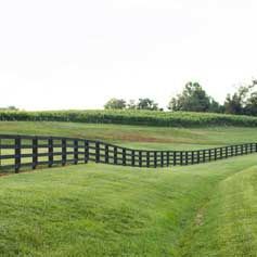 A wooden fence surrounds a lush green field.