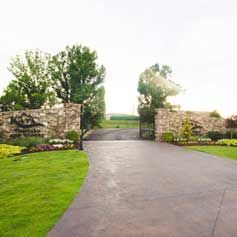 A driveway leading to a stone wall and a gate surrounded by grass and trees.