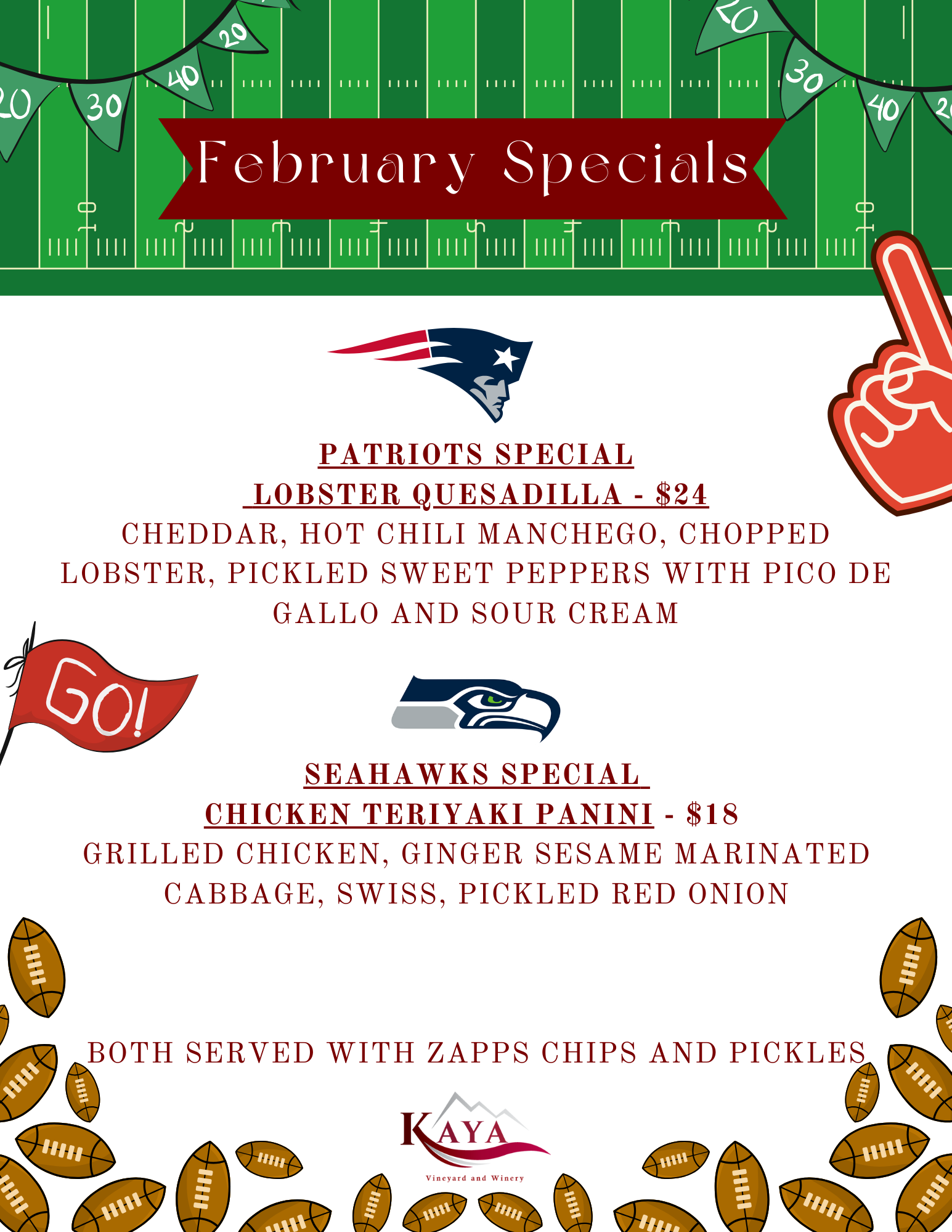 Menu of Kaya restaurant’s January specials: dips, chili, grilled cheese, and roast beef panini.