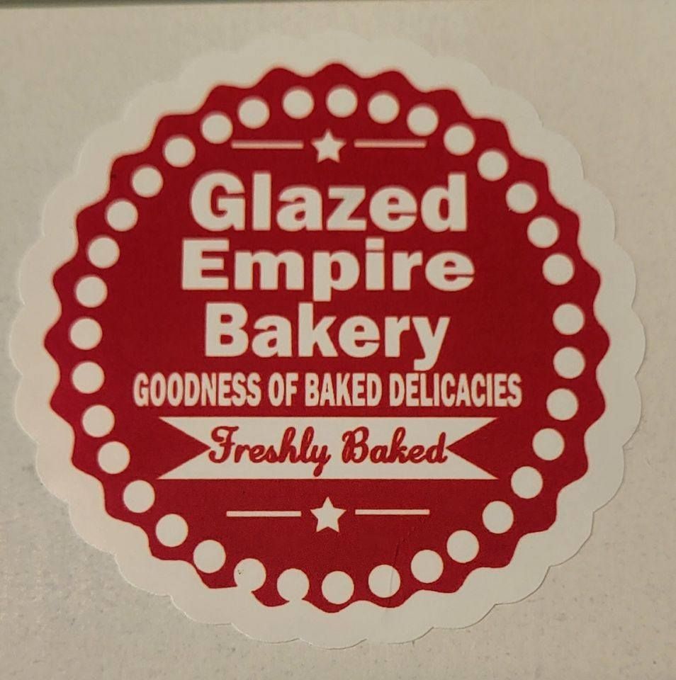 Red and white Glazed Empire Bakery logo; reads